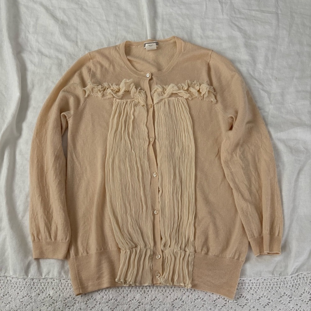 J Crew MEDIUM Peach 100% Cashmere Button Down Ruffle Cardigan Sweater tan cream